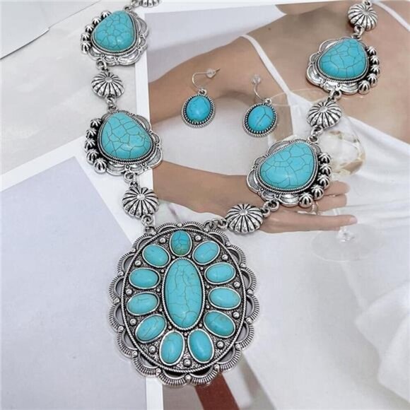 Exaggerated Turquoise Jewelery Set for Women Dangle Earring Pendant Choker - Picture 6 of 7